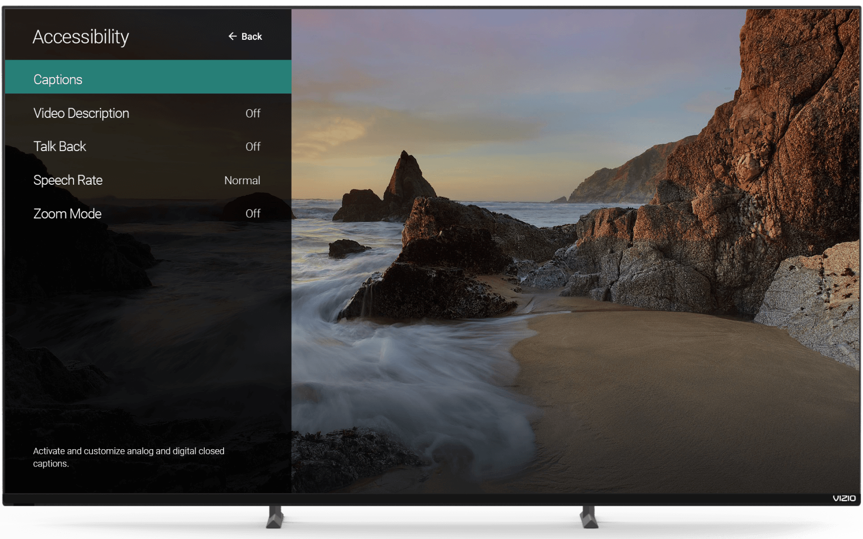 TV menu highlighting closed captions